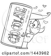 Clipart Of A Cartoon Black And White Lineart Happy Girl Hugging A Giant Chocolate Bar Royalty Free Vector Illustration by toonaday