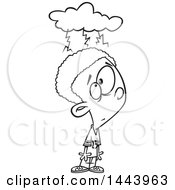 Clipart Of A Cartoon Black And White Lineart Boy With A Brainstorm Cloud Royalty Free Vector Illustration