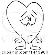 Clipart Of A Cartoon Black And White Lineart Sad Love Heart Character Royalty Free Vector Illustration