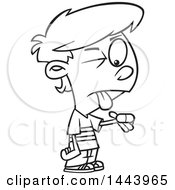Clipart Of A Cartoon Black And White Lineart Boy With A Bitter Pill To Swallow Royalty Free Vector Illustration by toonaday