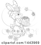 Poster, Art Print Of Cartoon Black And White Lineart Female Bunny Rabbit Carrying An Easter Cake