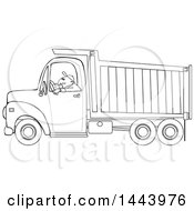 Poster, Art Print Of Cartoon Black And White Lineart Man Driving A Dump Truck