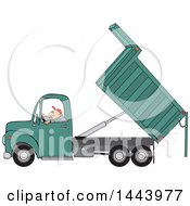 Cartoon Caucasian Man Operating A Hydraulic Dump Truck