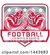 Clipart Of Retro American Football Super Bowl LI Players Holding A Ball In Red White And Gray With Text Royalty Free Vector Illustration