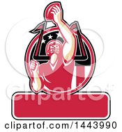 Clipart Of A Retro American Football Player Holding Up A Ball For Super Bowl LI In A Red Black And White Circle Over Text Space Royalty Free Vector Illustration