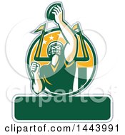 Poster, Art Print Of Retro American Football Player Holding Up A Ball With Text Space For Super Bowl Li In A Green White And Yellow Circle