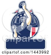 Clipart Of A Retro American Football Player Holding Up A Ball With Text Space For Super Bowl LI In A Red White And Blue Circle Royalty Free Vector Illustration
