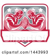 Clipart Of Retro American Football Super Bowl LI Players Holding A Ball In Red White And Gray Royalty Free Vector Illustration