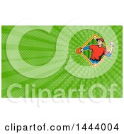 Clipart Of A Cartoon Baseball Player Pitching And Green Rays Background Or Business Card Design Royalty Free Illustration