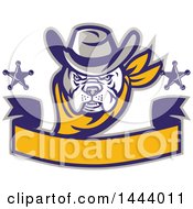 Clipart Of A  Retro Cowboy Bulldog Sheriff With Stars Over A Blank Banner Royalty Free Vector Illustration