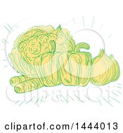 Poster, Art Print Of Sketched Still Life Of Cauliflower Bell Peppers Onions And Carrots