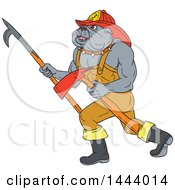 Sketched Bulldog Fire Fighter Walking With A Pike Poke And Axe