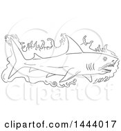 Poster, Art Print Of Sketched Black And White Swimming Shark With Water
