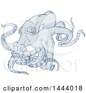 Poster, Art Print Of Sketched Giant Octopus Attacking An Astronaut