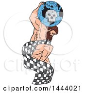 Clipart Of A Sketched Man Atlas Kneeling With A Globe And Skull On His Back With A Checkered Flag Royalty Free Vector Illustration