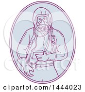 Mono Line Style Worker In A Haz Chem Suit Within An Oval