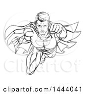 Poster, Art Print Of Black And White Lineart Pop Art Comic Male Super Hero Flying Forward