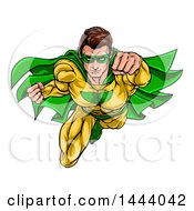 Clipart Of A Pop Art Comic Caucaslan Male Super Hero Flying Forward Royalty Free Vector Illustration by AtStockIllustration