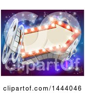 Clipart Of A Retro Arrow Marquee Theater Sign With Light Bulbs Film Reels And Clapper Board Over Magical Lights Royalty Free Vector Illustration