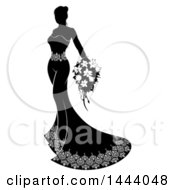 Clipart Of A Silhouetted Black And White Bride In Her Gown Holding A Bouquet Royalty Free Vector Illustration