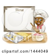 Poster, Art Print Of Cartoon Happy Black Male Chef Baker Mixing Frosting And Making Cookies Under A Menu