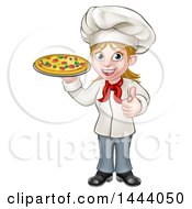 Clipart Of A Cartoon Full Length Happy White Female Chef Giving A Thumb Up And Holding A Pizza Royalty Free Vector Illustration