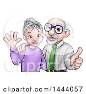 Poster, Art Print Of Cartoon Happy Caucasian Senior Couple Waving And Giving A Thumb Up