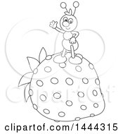 Poster, Art Print Of Cartoon Black And White Ant Waving And Standing On A Strawberry