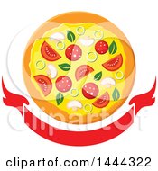 Clipart Of A Surpreme Pizza Over A Blank Banner Royalty Free Vector Illustration