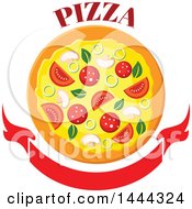 Clipart Of A Surpreme Pizza And Text Over A Blank Banner Royalty Free Vector Illustration