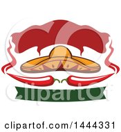 Poster, Art Print Of Mexican Sombrero Hat With Chili Peppers Steam And Banners