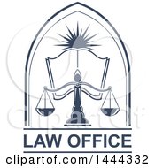 Poster, Art Print Of Blue Open Book Sun And Scales Of Justice Over Law Office Text