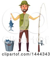 Poster, Art Print Of Happy Man Holding His Caught Fish And Standing With A Pole By A Bucket