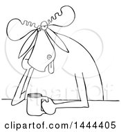 Poster, Art Print Of Cartoon Black And White Lineart Depressed Moose Sitting With A Cup Of Coffee