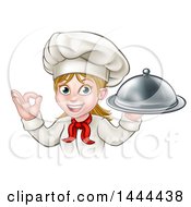 Poster, Art Print Of Cartoon Happy White Female Chef Holding A Cloche Platter And Gesturing Ok