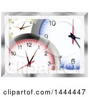 Poster, Art Print Of Background Of 3d Yellow Red And Blue Wall Clocks In A Metallic Frame
