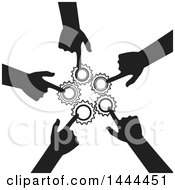 Clipart Of A Cricle Of Silhouetted Hands Pointing To Gears Royalty Free Vector Illustration