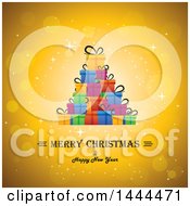Poster, Art Print Of Colorful Stack Of Gifts Over A Merry Christmas And Happy New Year Text On A Sparkly Golden Background