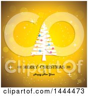 Clipart Of A Tree And Merry Christmas And Happy New Year Text On A Golden Background Royalty Free Vector Illustration