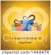 Poster, Art Print Of Merry Christmas And Happy New Year Greeting With Gifts On A Golden Background