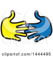 Poster, Art Print Of Blue And Yellow Hands Reaching For Each Other