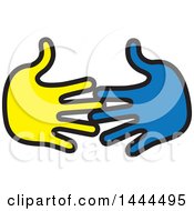 Clipart Of Blue And Yellow Hands Reaching For Each Other Royalty Free Vector Illustration
