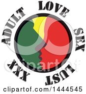 Clipart Of A Green And Red Couple Kissing In A Circle With Adult Love Sex Lust And Xxx Royalty Free Vector Illustration