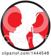 Clipart Of A Red Silhouetted Woman Shushing And Arguing With A Man Inside A Circle Royalty Free Vector Illustration