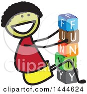 Happy Stick Boy Playing With Letter Blocks And Spelling Out Funny