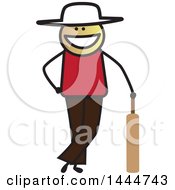 Clipart Of A Happy Stick Man Leaning On A Cricket Bat Royalty Free Vector Illustration