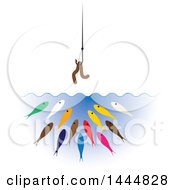 Poster, Art Print Of Worm On A Hook Over Hungry Colorful Fish