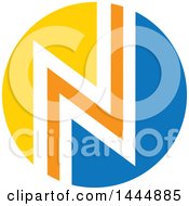 Poster, Art Print Of Round Yellow White Orange And Blue Letter N Or Zig Zag Design