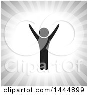 Clipart Of A Silhouetted Person Cheering Over Gray Rays Royalty Free Vector Illustration
