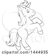 Poster, Art Print Of Cartoon Black And White Lineart Cute Unicorn Rearing